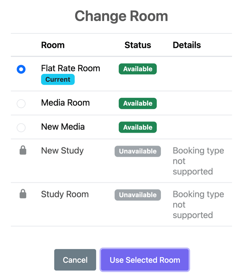 Room selection screen
